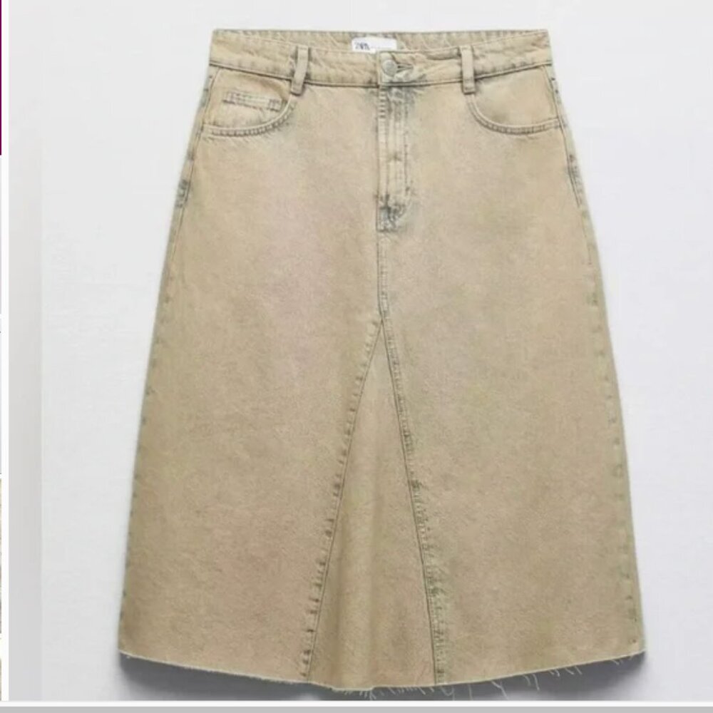 Zara Women's Overdyed Frayed Denim Mid Rise A-line Midi Skirt Size M - Picture 2 of 7